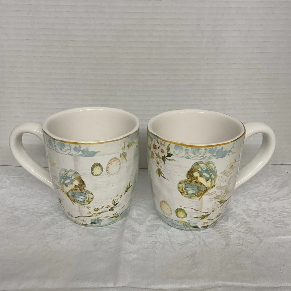 Pier 1 Imports Earthenware Field Notes Butterfly Garden Large Mugs Cup Set of 2